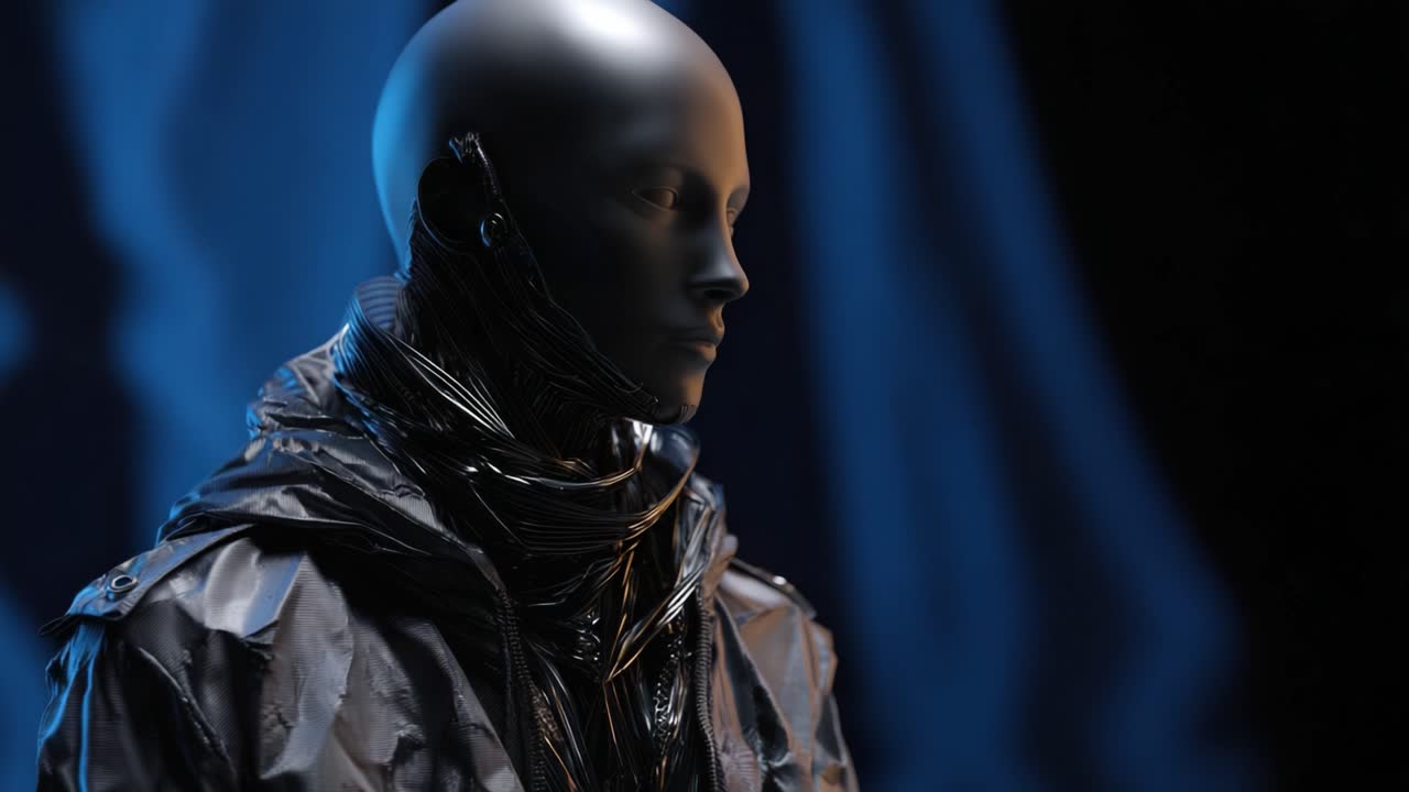 Um manequim surpreendentemente futurista apresentando um traje preto elegante e detalhes intrincados, criando uma mistura intrigante de moda e arte em um cenário escuro