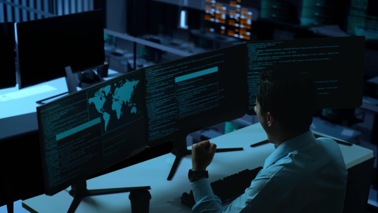 Side View Of Happy Asian Man Developer Celebrating And Dancing While Write Code With Multiple Computer Screens In The Office