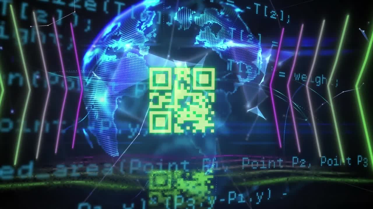 animación del procesamiento de datos y código qr en fondo negro