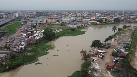 aeriel shot of a landlocked urban settlement near a river