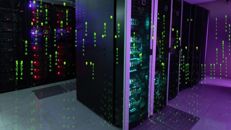 Animation of green numbers falling over servers