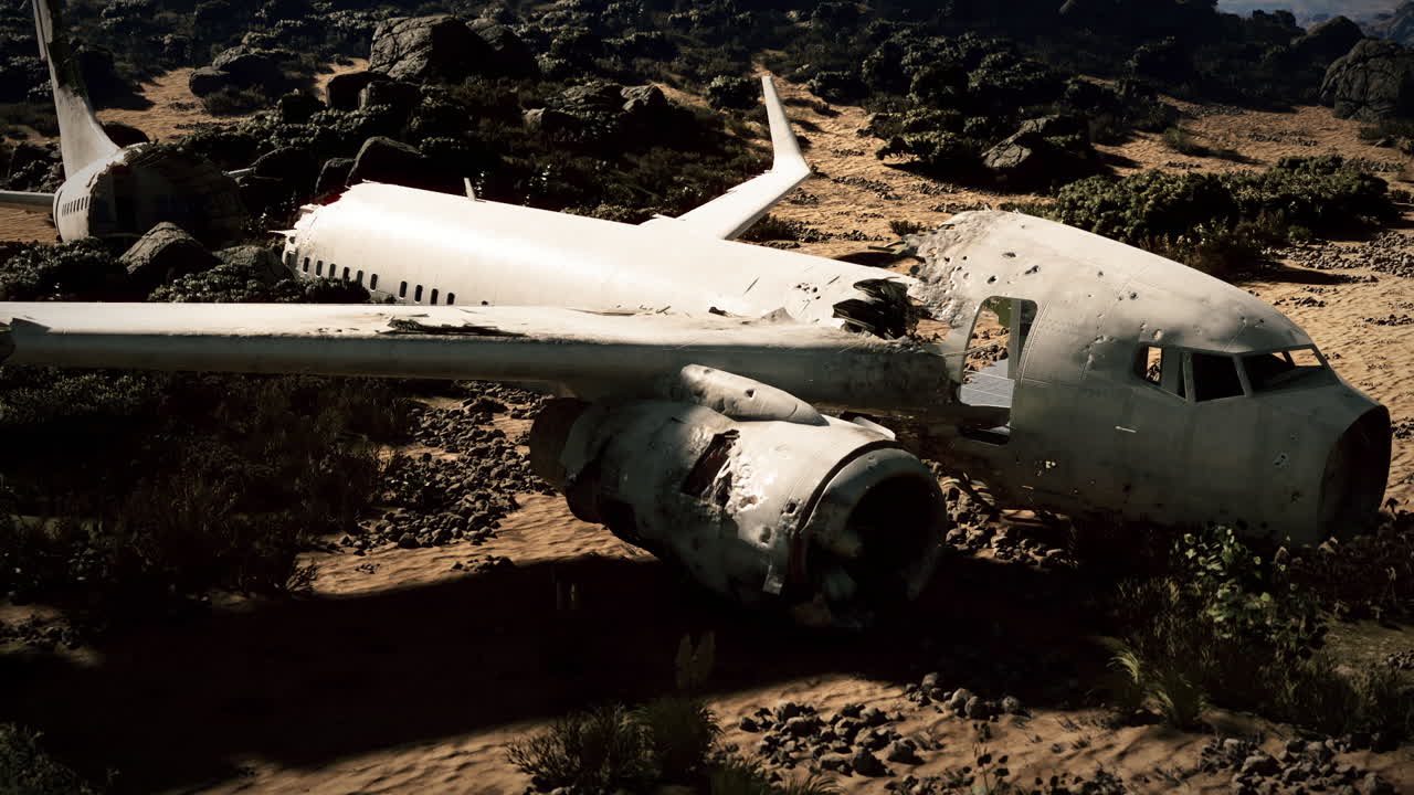 Plane wreckage in a desolate area after a crash near rocky terrain