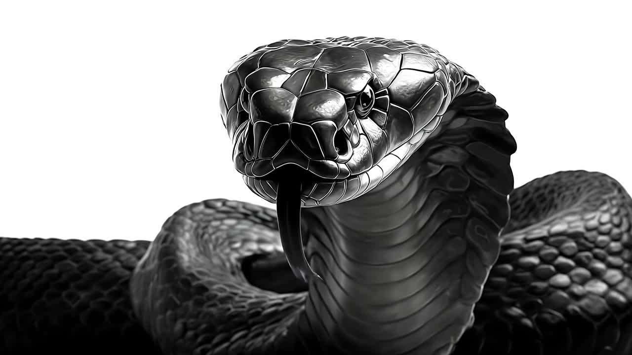 A black and white image of a cobra with its mouth open