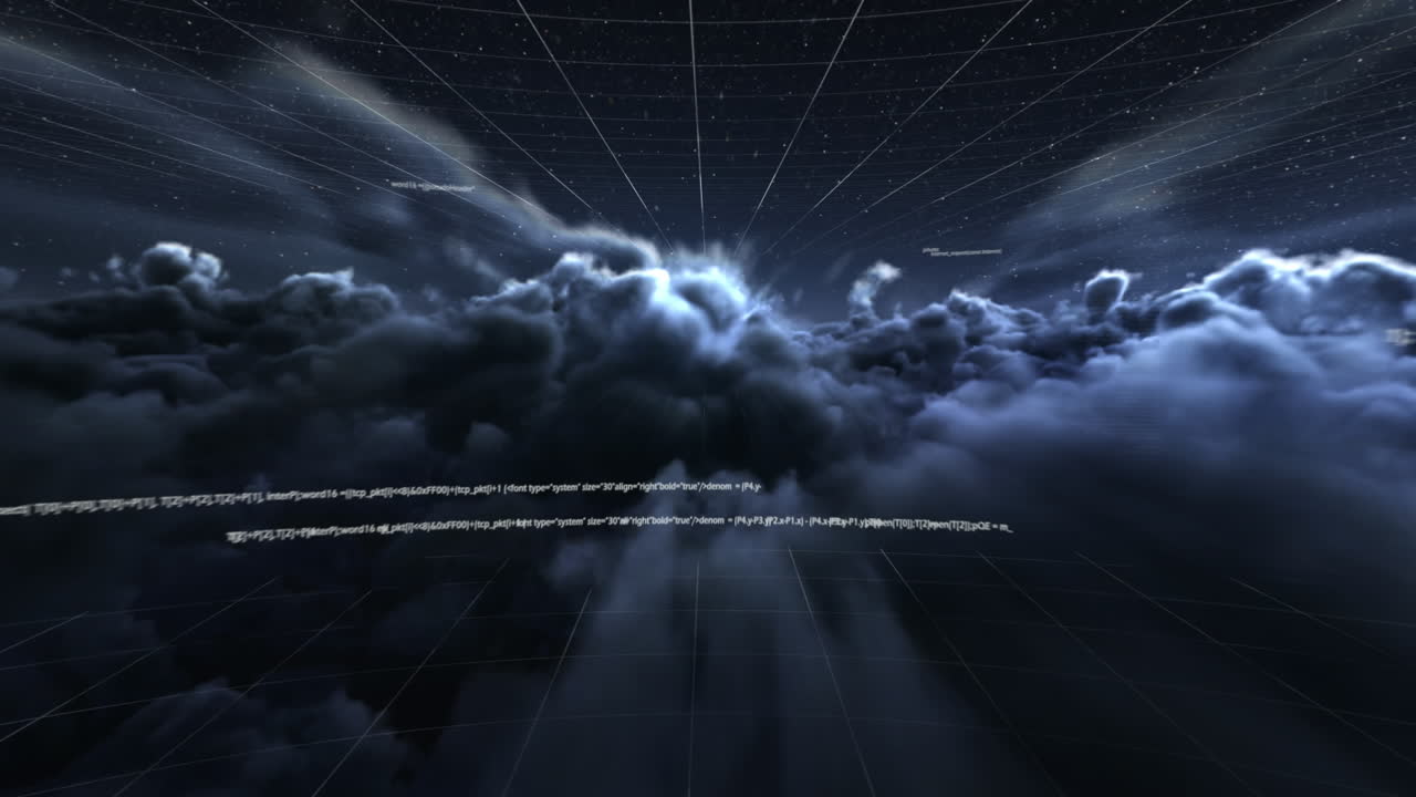Digitally generated video of data processing against night sky with clouds in background