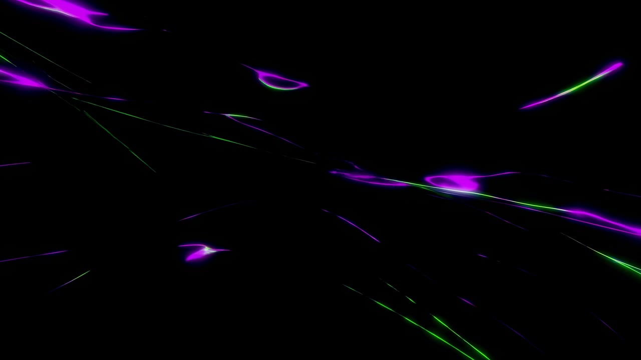 Strisce luminose verdi e viola si muovono in diagonale su uno sfondo nero, creando un elegante effetto di movimento astratto futuristico con punti luce brillanti vicino al centro e in basso a destra.
