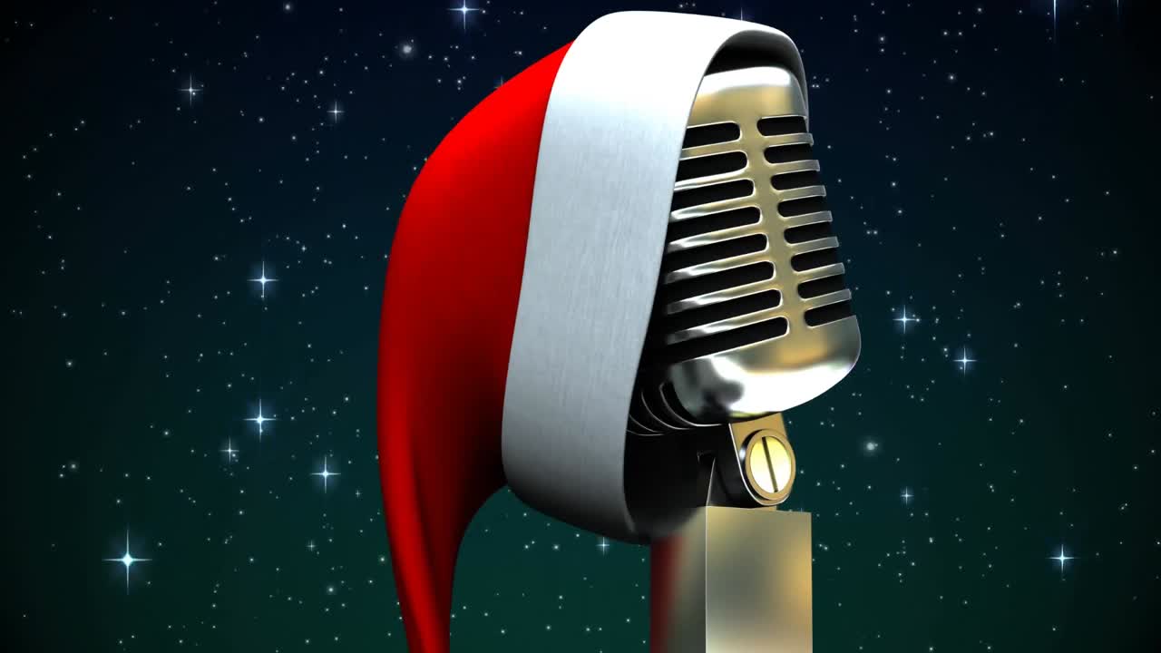 어두운 배경 에 크리스마스 모자 와 함께 마이크 위 에 떨어지는 별 들 의 애니메이션