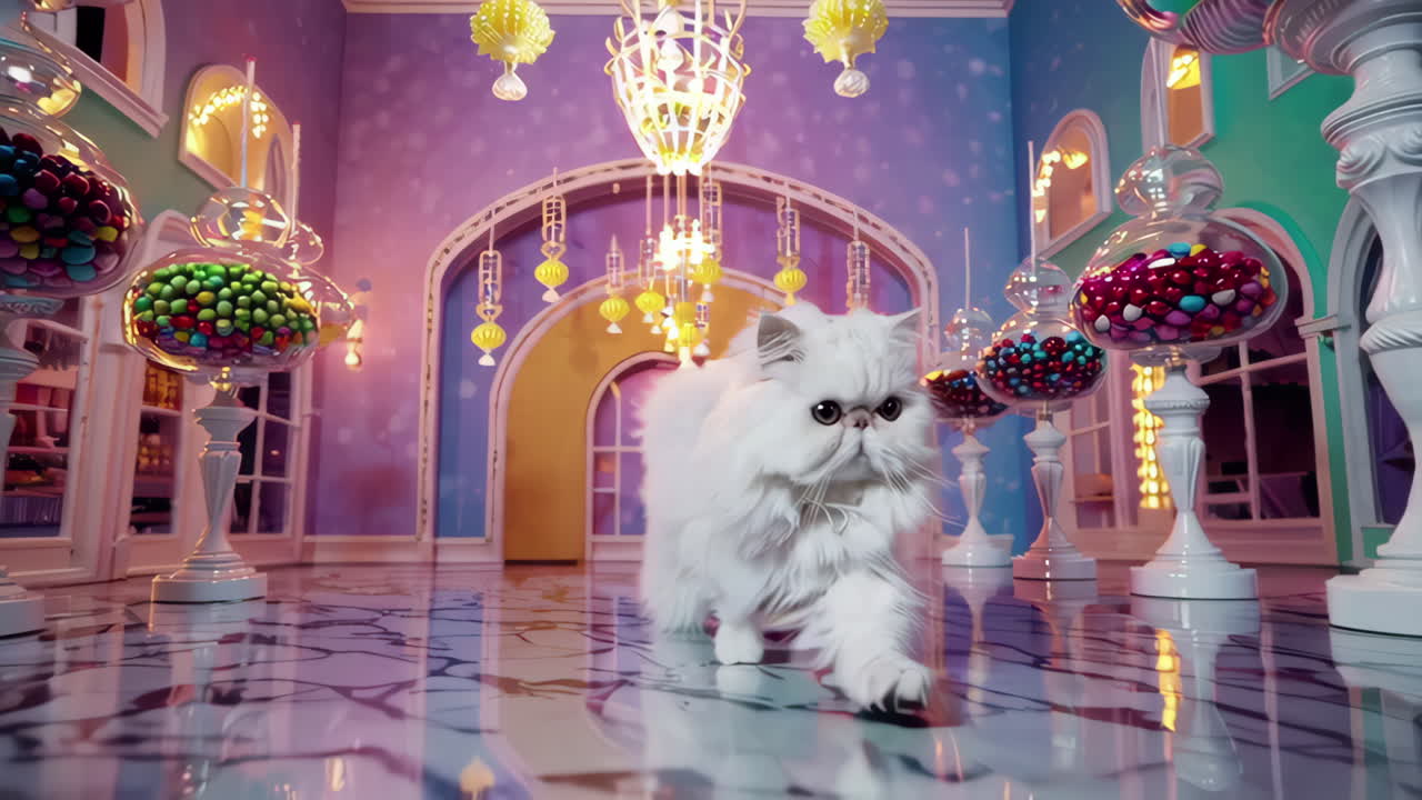 사탕 테마의 방에서 우아한 페르시아 고양이