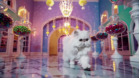 elegante gato persa en una habitación con tema de dulces