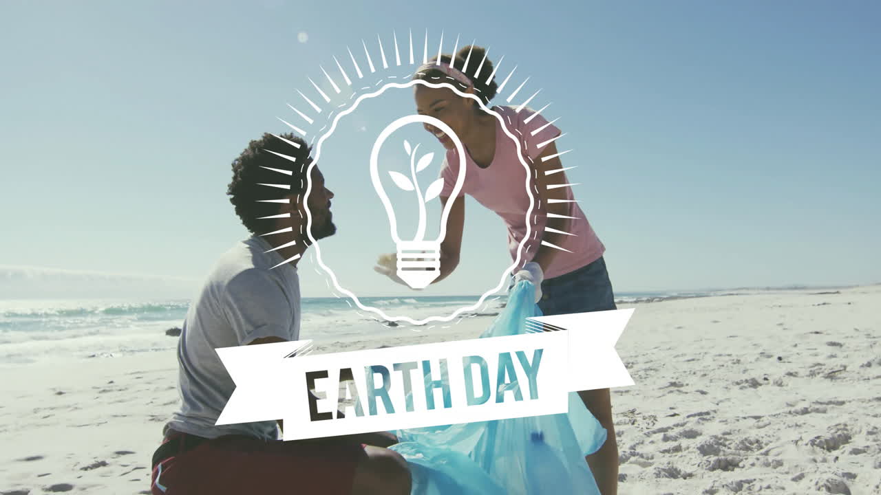 Earth Day animation over people cleaning beach