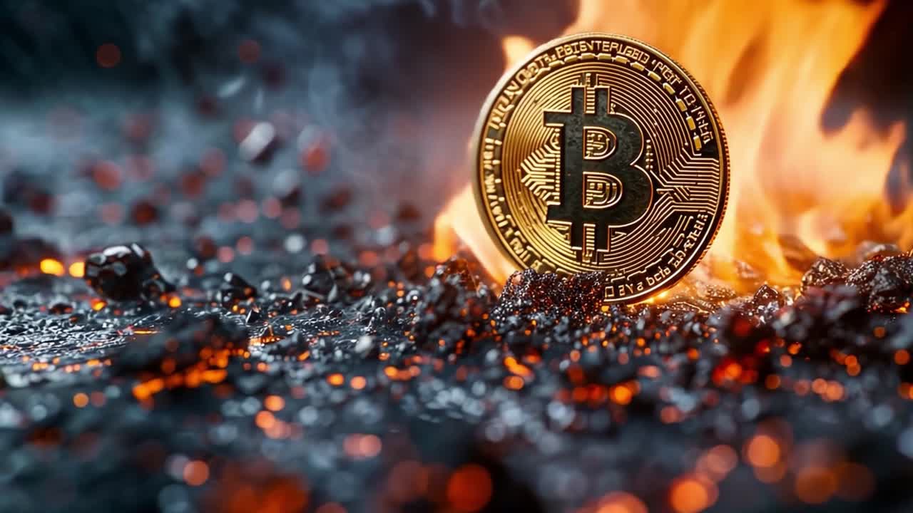 Moneta Bitcoin su braci ardenti con fiamme