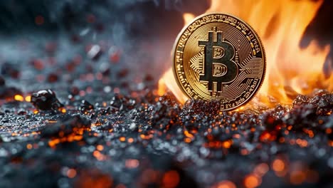 bitcoin coin on burning embers with flames