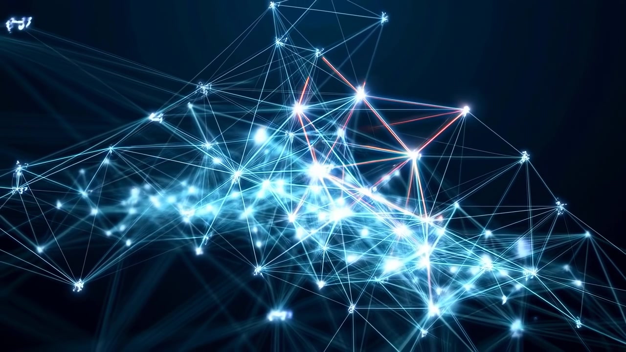 Glowing Blue Network Nodes Form Dynamic Data Web, Pulsing With Interconnected Lines And Bright Points
