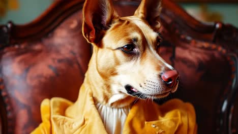 a dog wearing a yellow jacket sitting in a chair