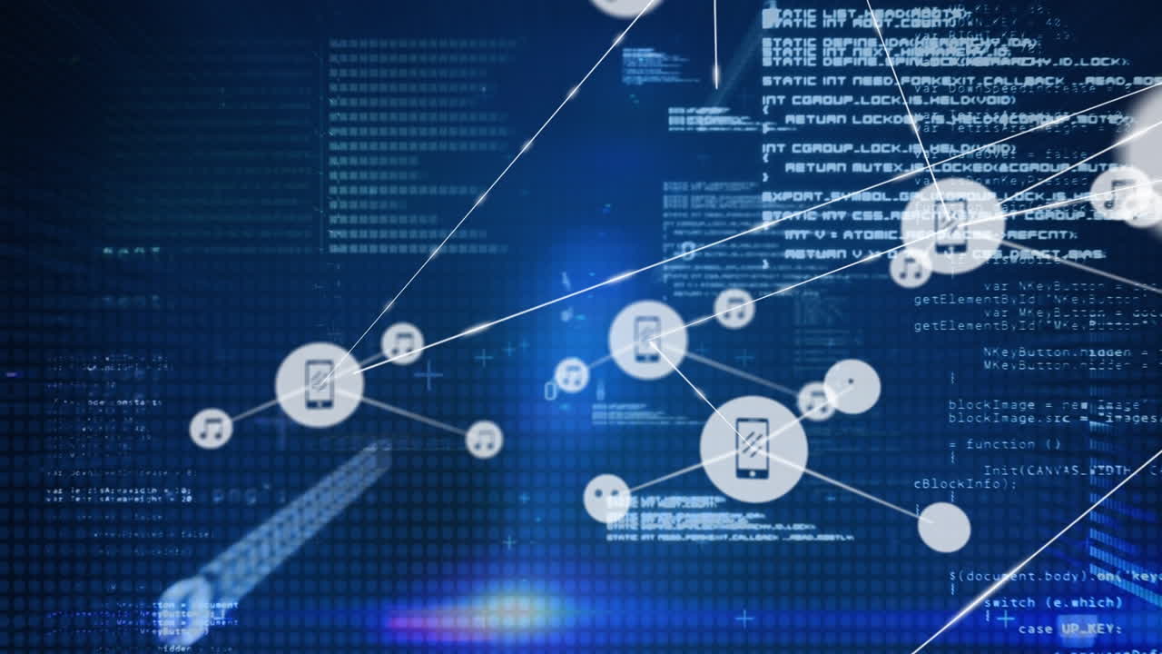 데이터 처리와 함께 파란색 배경에 아이콘으로 연결 네트워크의 애니메이션