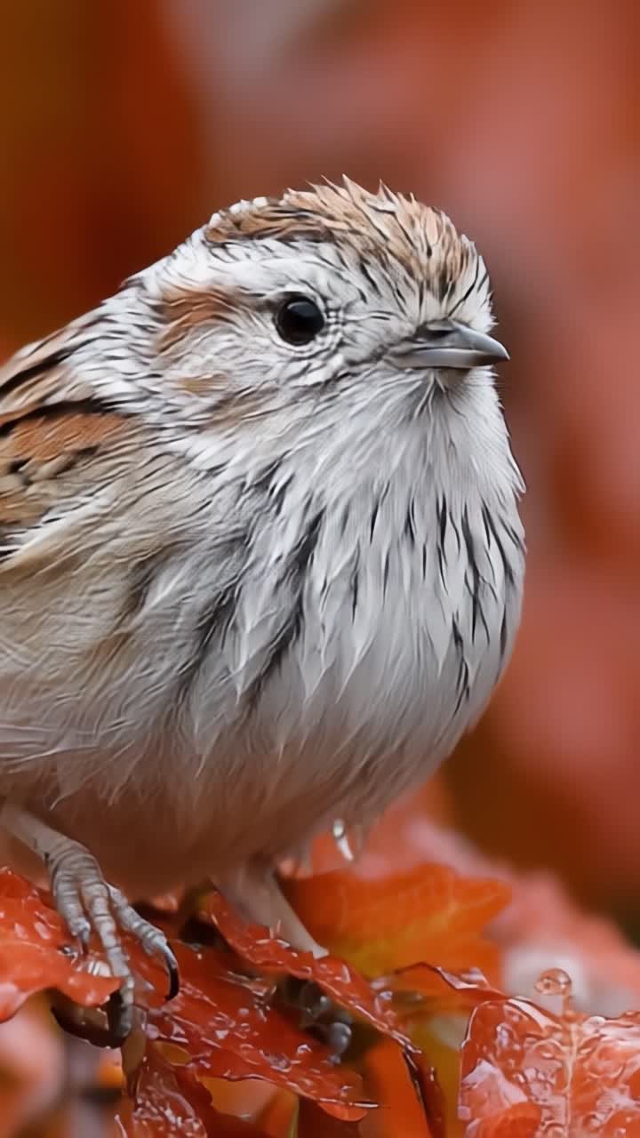 Primo piano di un bellissimo uccello tra foglie autunnali, che mostra i dettagli delle sue piume e la sua espressione affascinante in un habitat naturale colorato.