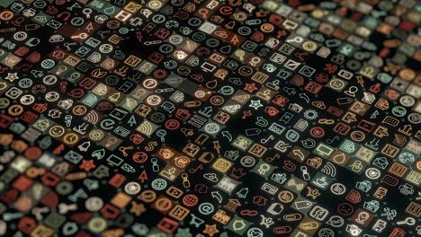 Abstract animation of social media network icons and emojis on the black background. Animation. Animation of seamless loop