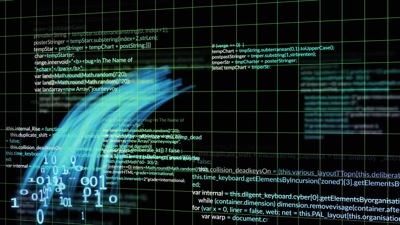 Animation of financial data processing and binary coding over grid