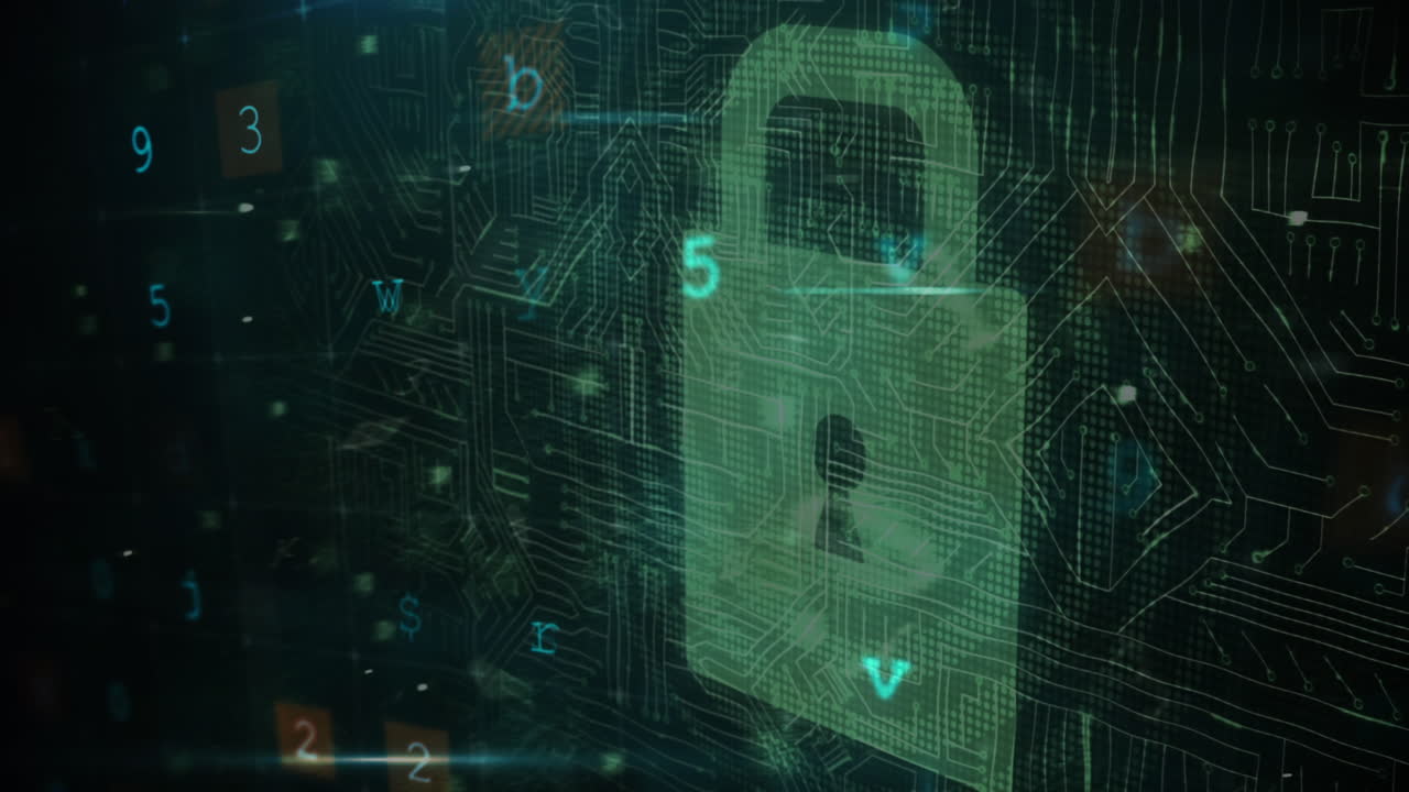 Animation of scanning, numbers and online security padlock
