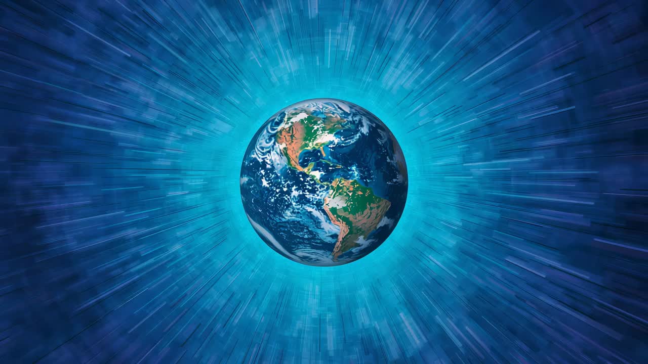 Animazione in riproduzione che mostra un globo che si espande in un alone blu radiale, rivelando dettagli delle nuvole e della costa