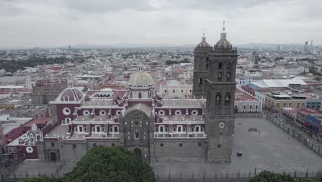 static aerial shot of the cathedral of puebla