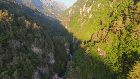 drone flying over river between steep forest valley in tropical of lebanon