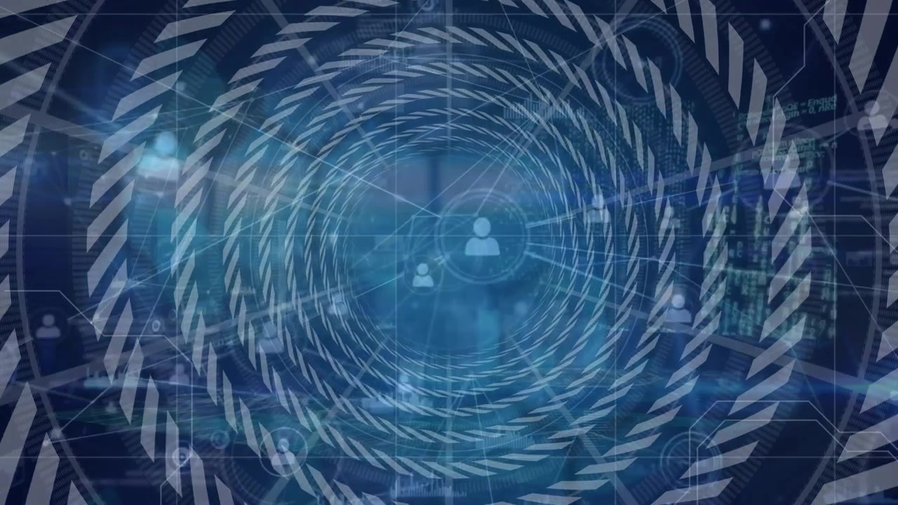 Animation depicts global networking with isohypses and circles on a black background.