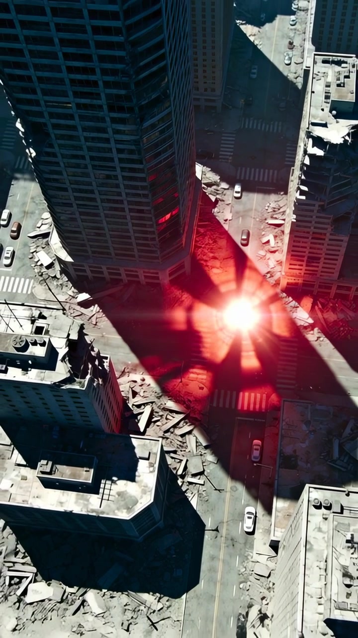 Vertical video: Panning drone showing red burst glowing over downtown crosswalk, exposing rubble
