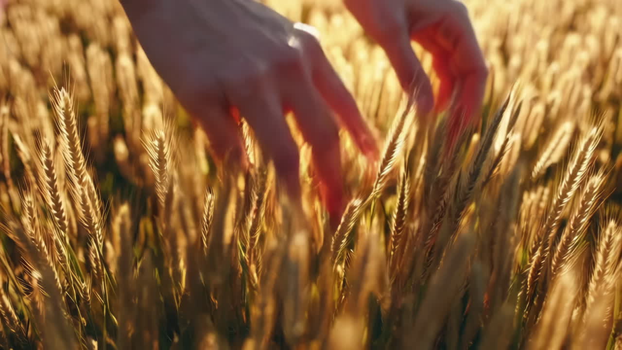 Hands gently touching golden wheat in a sunlit field