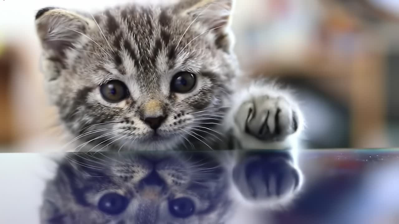 Curious Kitten Engaging with Reflections: A Heartwarming Display of Feline Innocence and Playfulness Captured in Two Frames
