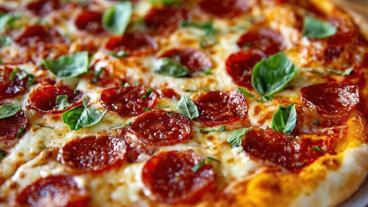 Pizza al peperoni deliziosamente farcita con basilico fresco e formaggio fuso, cotta alla perfezione per un'esperienza appetitosa a ogni morso