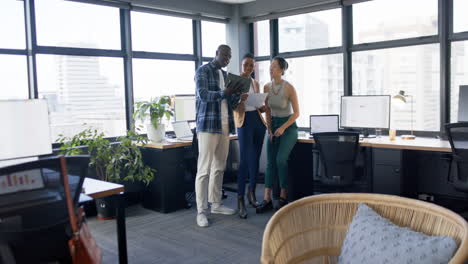 diverse business people working together in office, slow motion, copy space