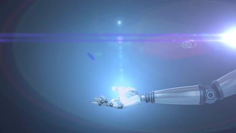 Animation-of-blue-light-and-lens-flare-over-hand-of-robot-arm,-with-pulsing-light-on-blue-background