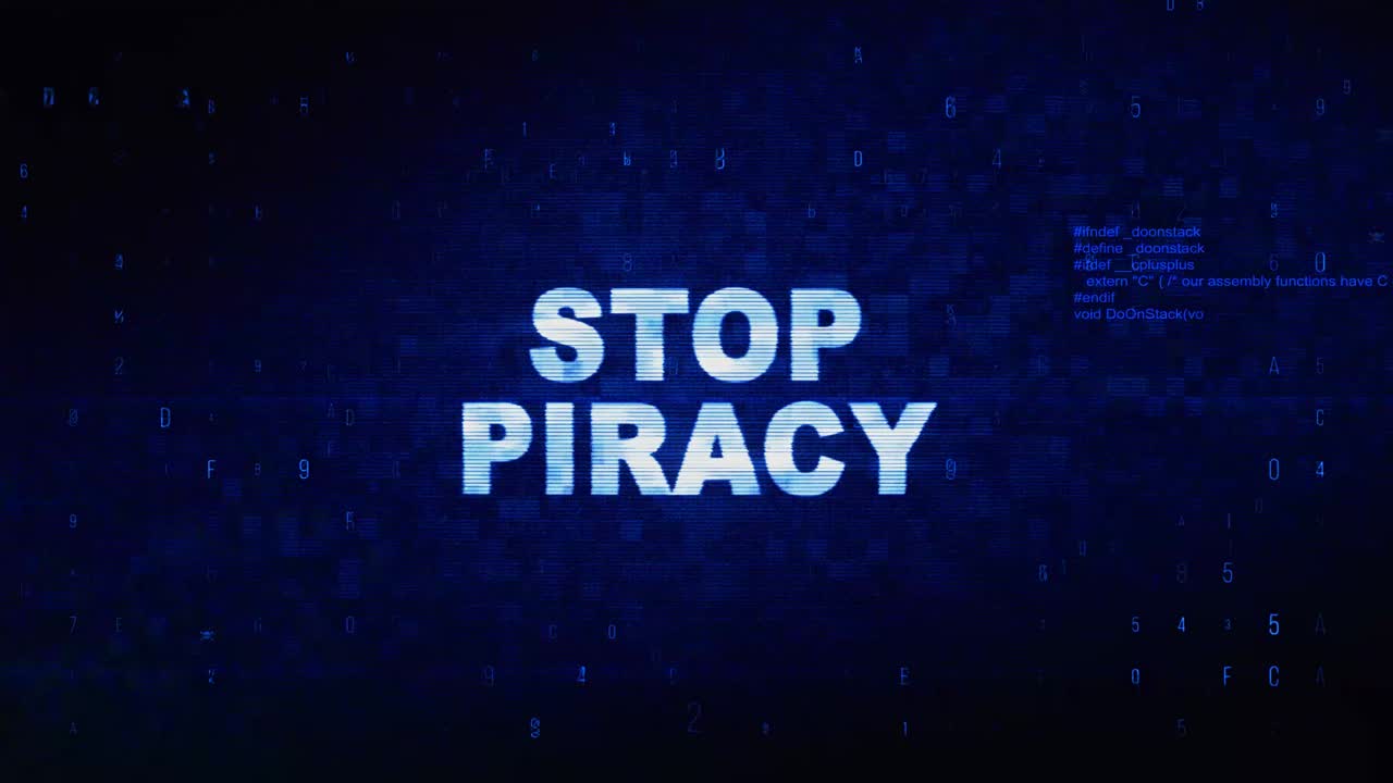 Stop piracy text digital noise twitch and glitch effect tv screen loop animation background login