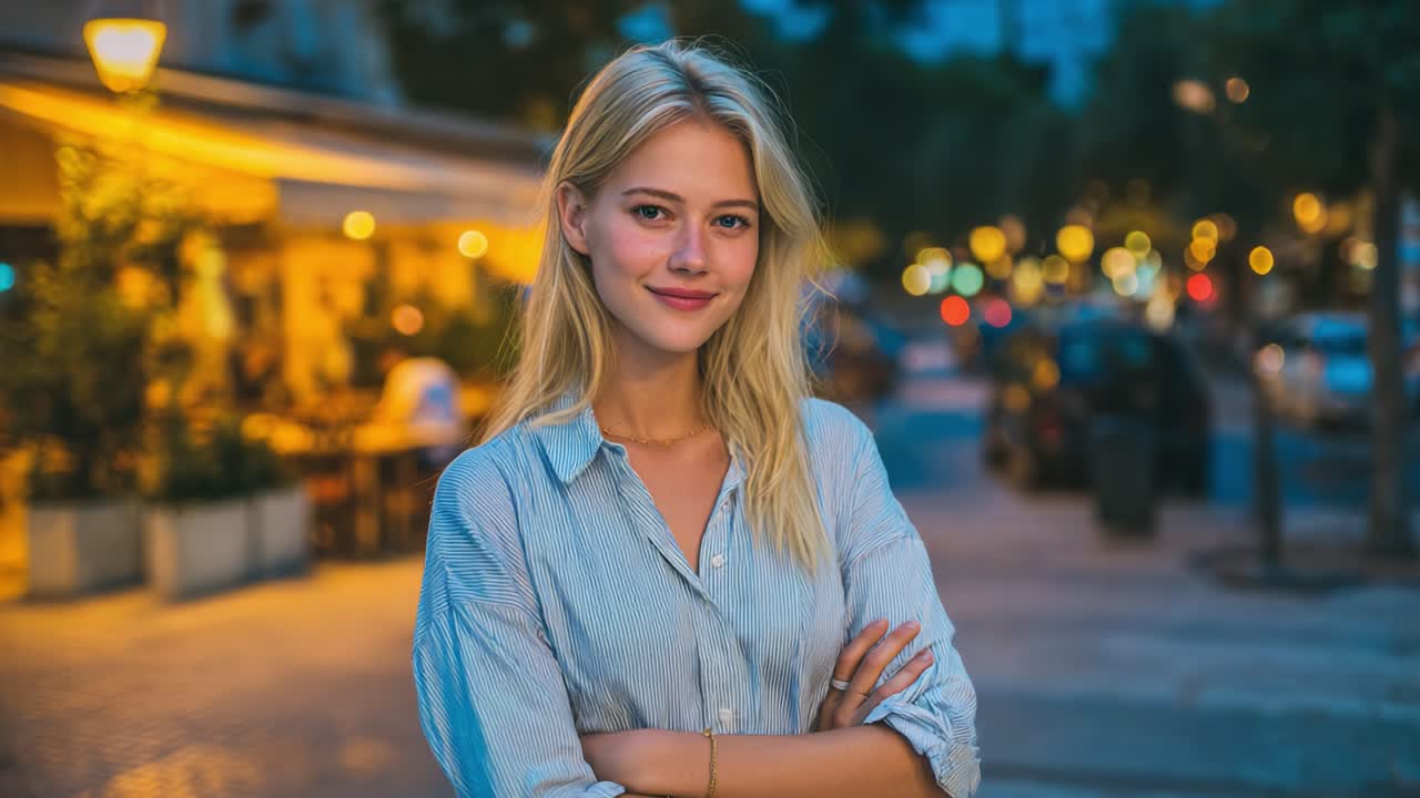 Una giovane donna con un sorriso sicuro di sé posa in un ambiente urbano serale, circondata da luci calde e da un'atmosfera vivace sullo sfondo