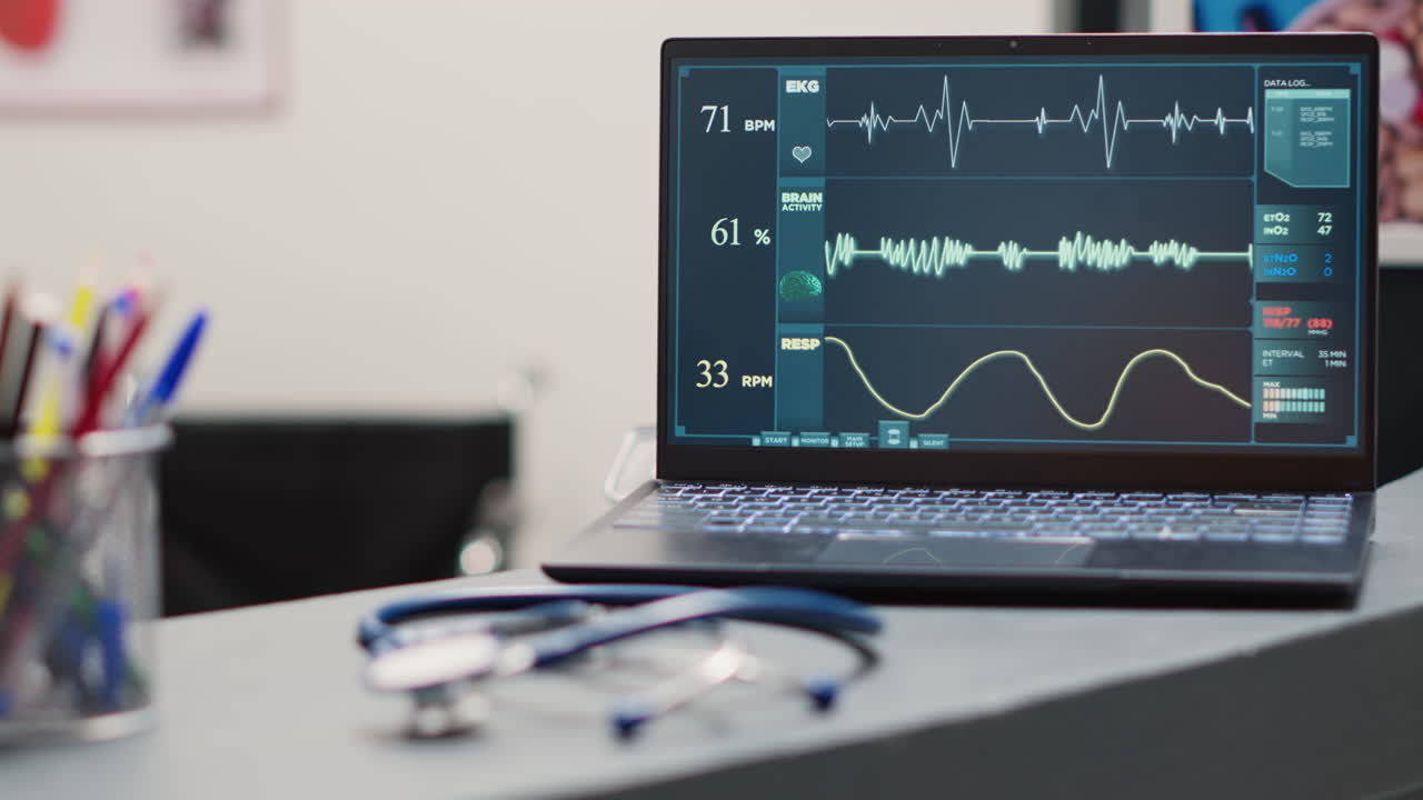 Heart rate monitor on laptop in lobby