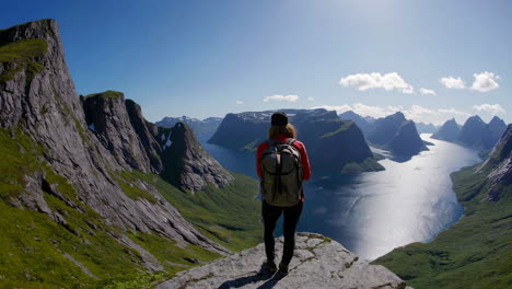 hiker enjoying the panoramic view of a majestic fjord landscape from a mountain peak