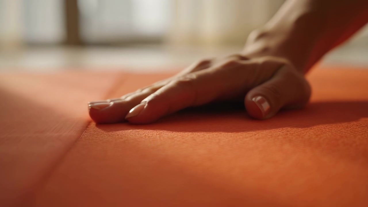 Close view shows fingers moving smoothly over orange fabric, shifting from center toward left while warm daylight illuminates fine texture and casts gentle shadows across surface.