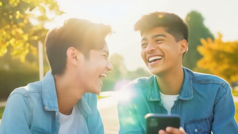 two happy teen boys laughing at their phones