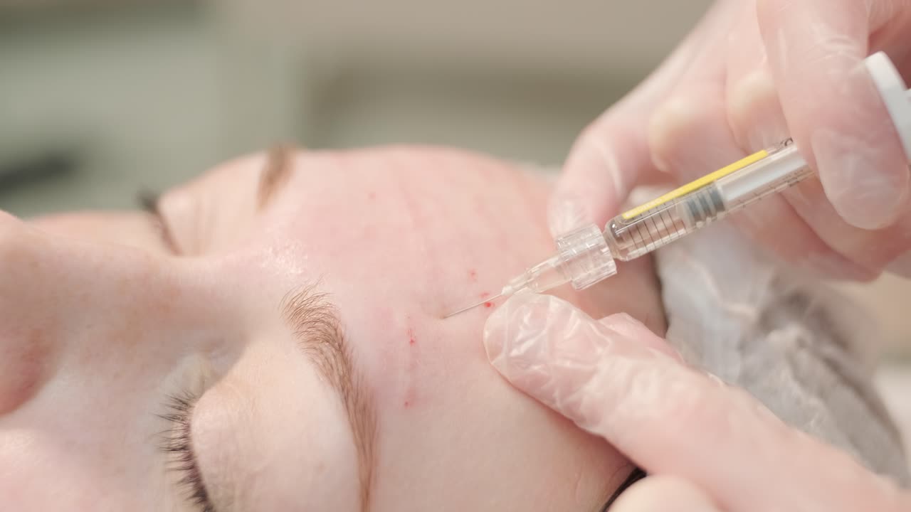 얼굴 주사 절차를 수행하는 미용 전문가