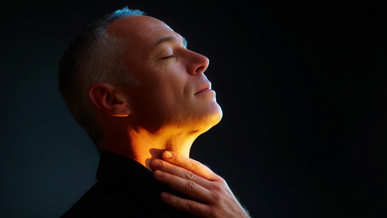 A contemplative man gently touching his throat, illuminated by a warm glow, embodying a moment of serenity, introspection, and tranquility against a dark background that enhances the emotional depth of the scene