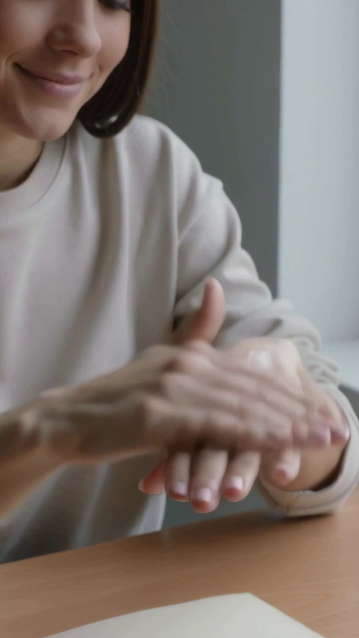 Video verticale: Mani che si strofinano con la crema, donna in maniche lunghe che si idrata al tavolo vicino alla finestra