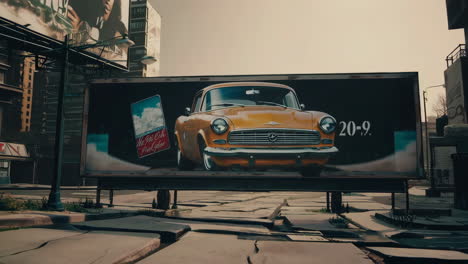 post-apocalyptic cityscape with vintage advertisement