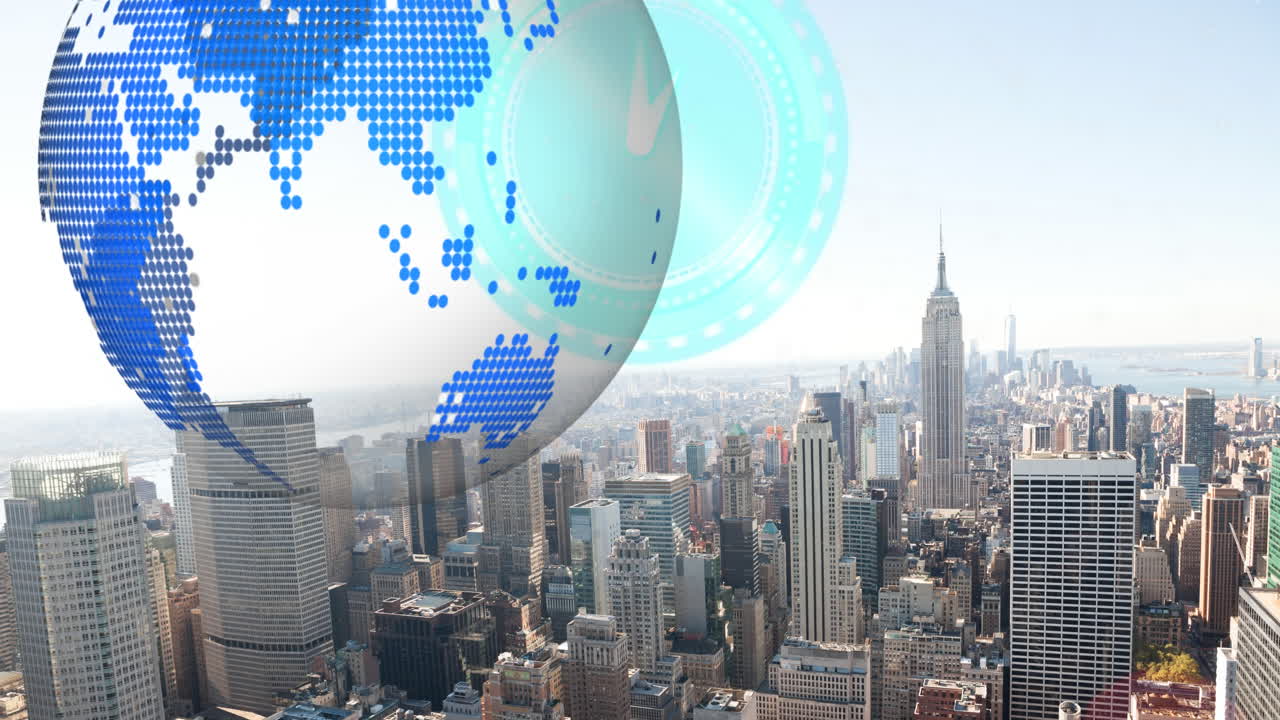 도시 풍경 위에 움직이는 시계와 지구의 애니메이션