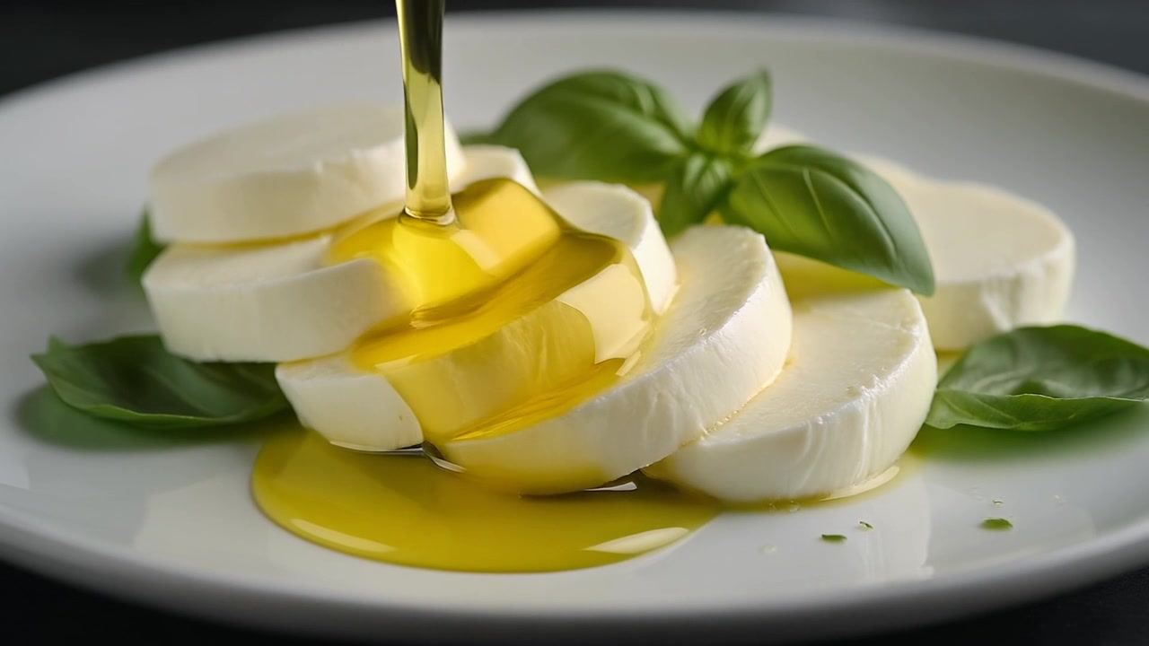 Olio d'oliva versato su mozzarella fresca a fette