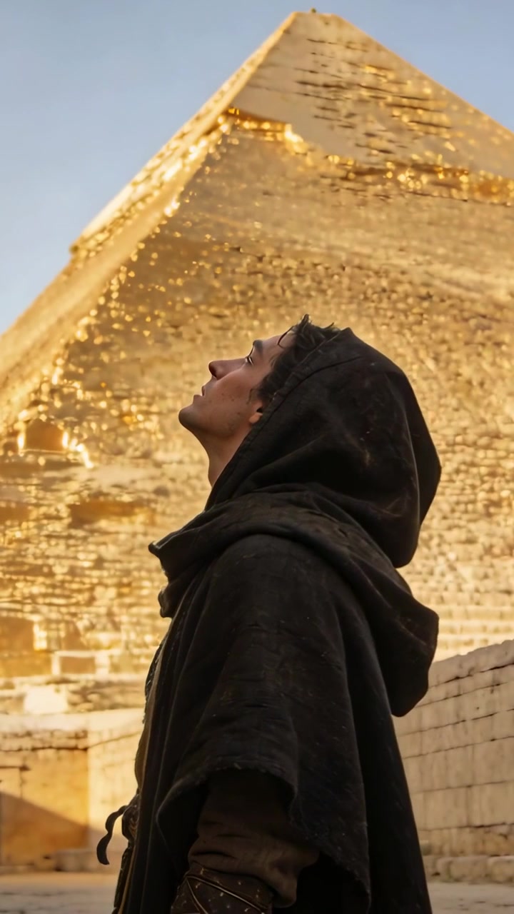 Video verticale: La telecamera si alza inquadrando un uomo incappucciato che inclina la testa alla base di una piramide, indossando un mantello.