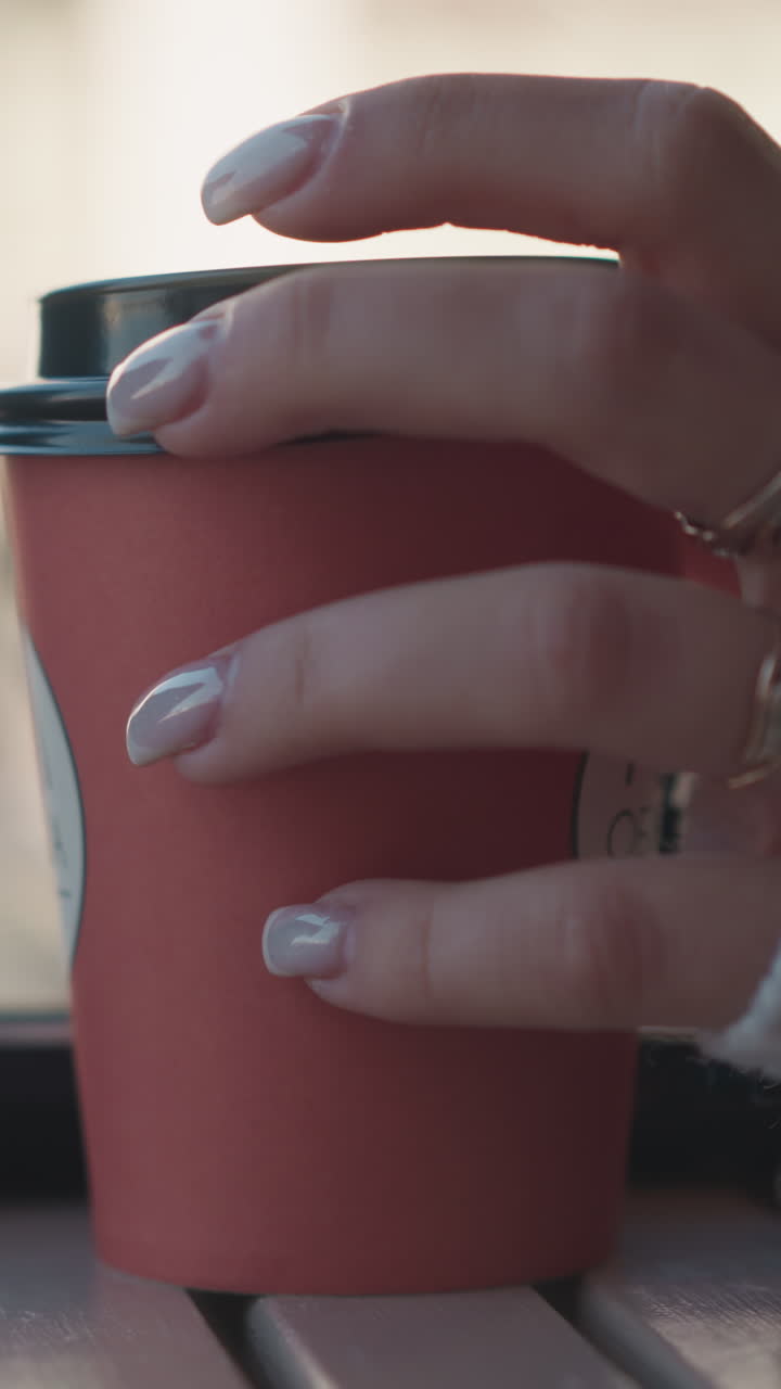 primer plano de la mano de la mujer sosteniendo una taza de café roja frotando suavemente la parte superior con uñas manicuradas mientras la computadora portátil se sienta en la parte delantera de una mesa al aire libre, fondo borroso suave