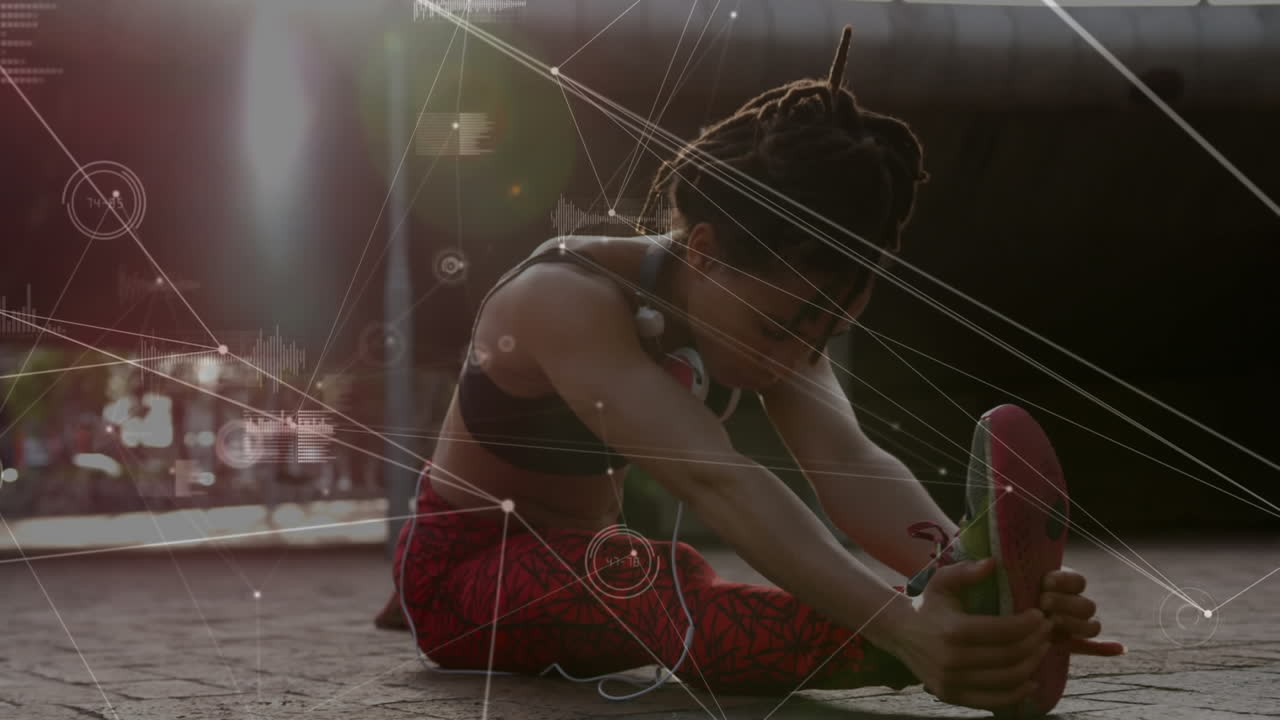 red de conexiones contra una mujer afroamericana que realiza ejercicios de estiramiento en el parque