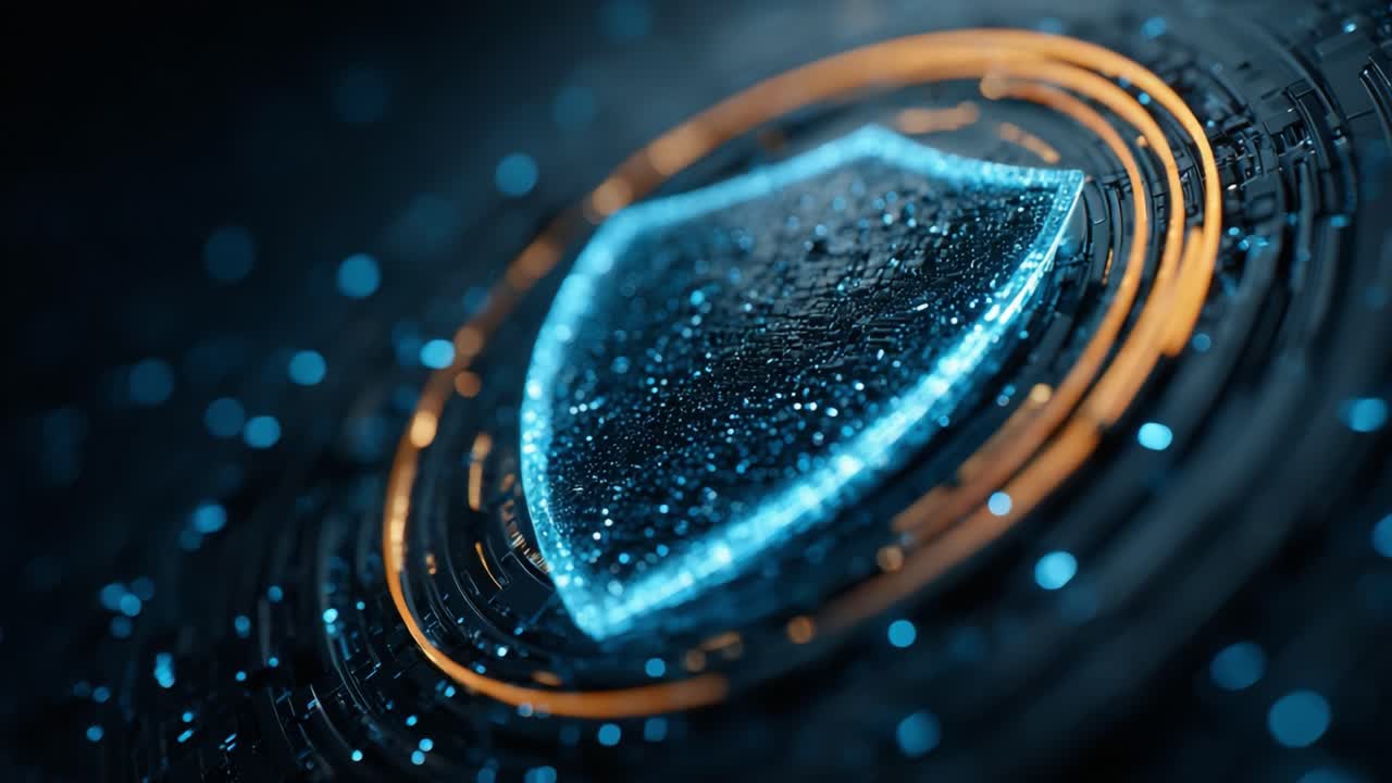 A Futuristic Representation of Cybersecurity: A Glowing Shield Symbolizing Protection Surrounded by Digital Elements and Data Streams in a High-Tech Environment