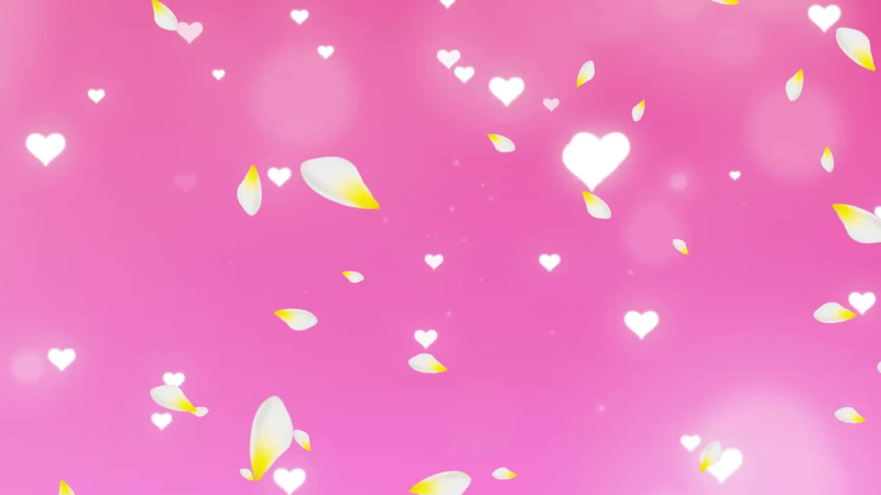 Animation of hearts and glowing spots of light moving on pink background