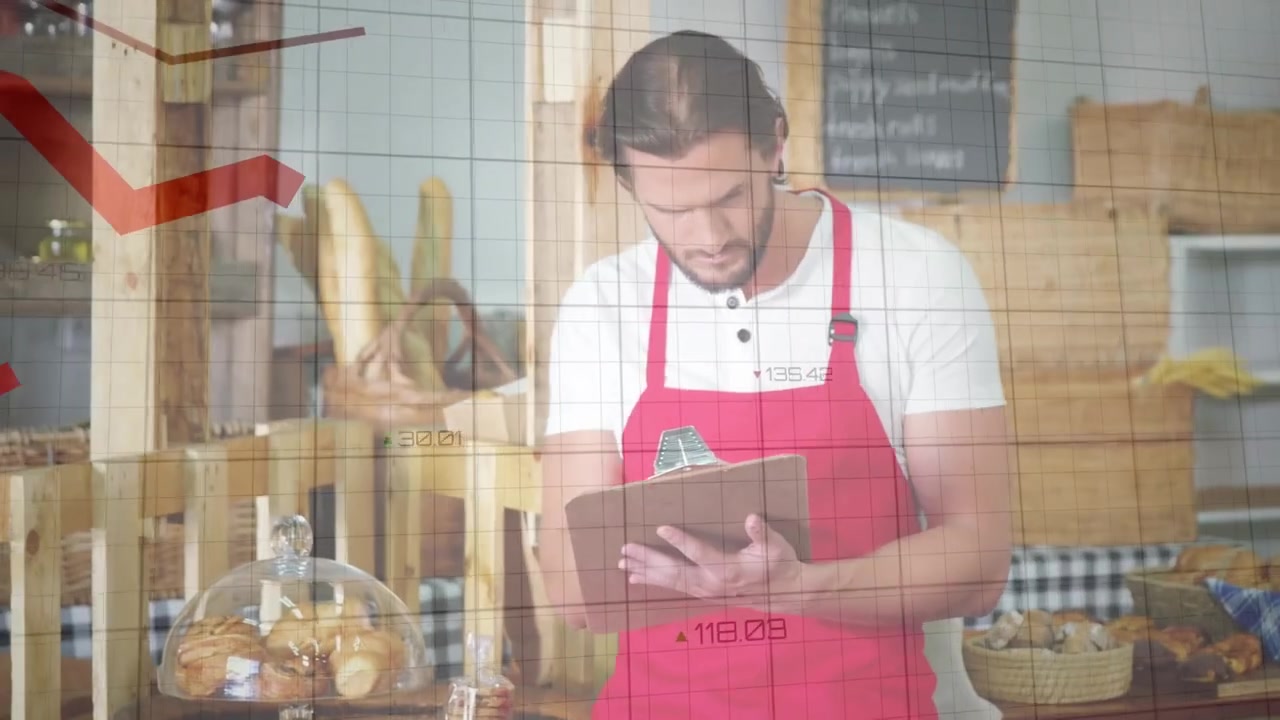Animação de gráficos financeiros sobre vendedor masculino caucasiano em padaria